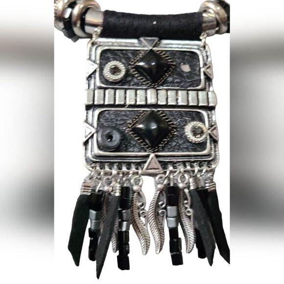 PARIS Necklace Tribal Ethnic Statement Black & Silver Solid Reversible 2… - Picture 10 of 12
